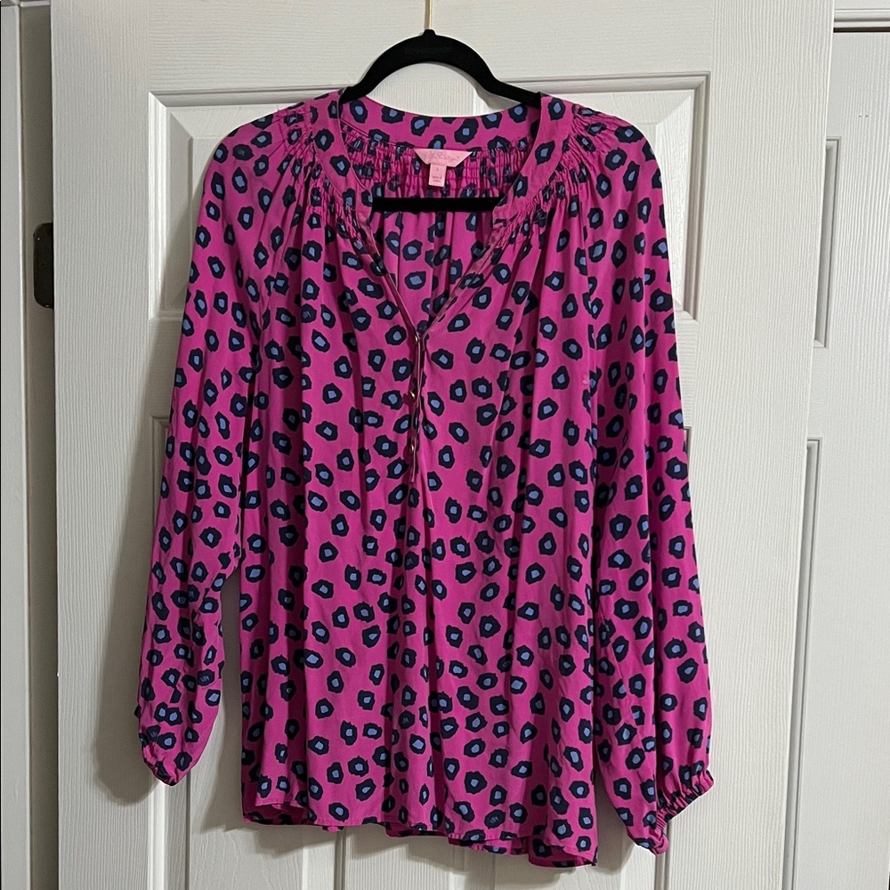 Lilly Pulitzer Pink and Blue Leopard Print Elsa Silk Long Sleeve Blouse Large